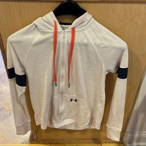 White cotton, black mesh hood, under armpit zip up